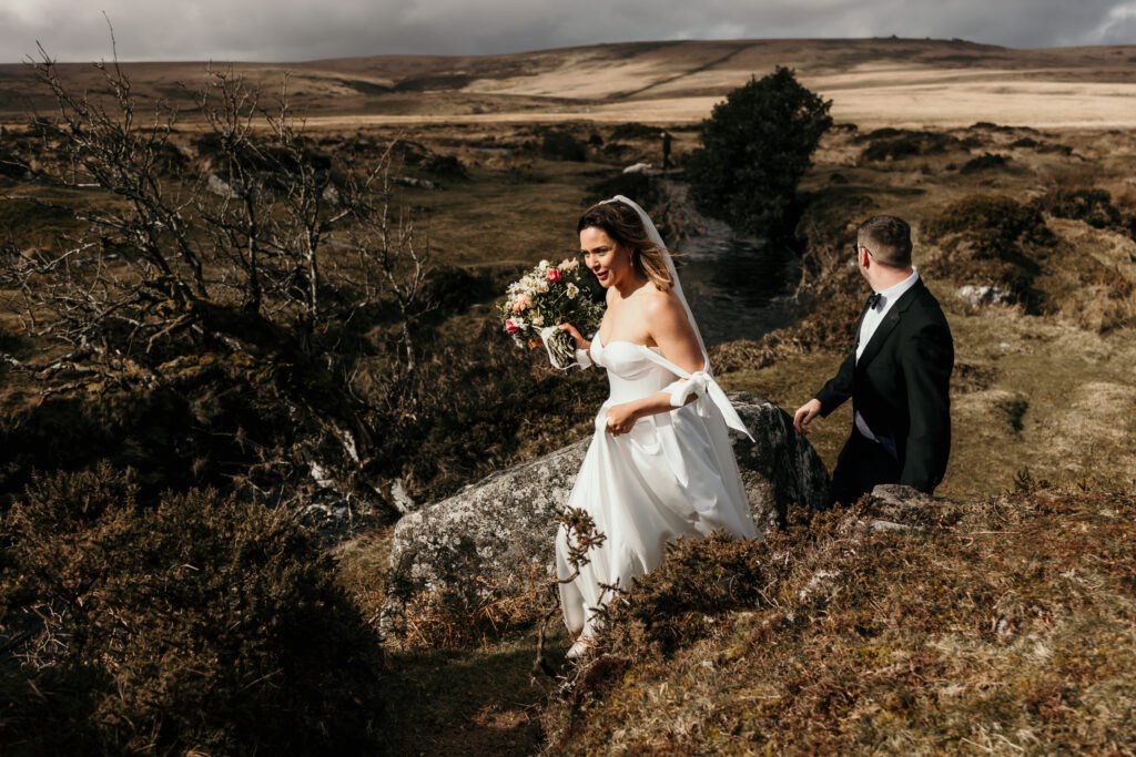 walking in a wedding dress on dartmoor